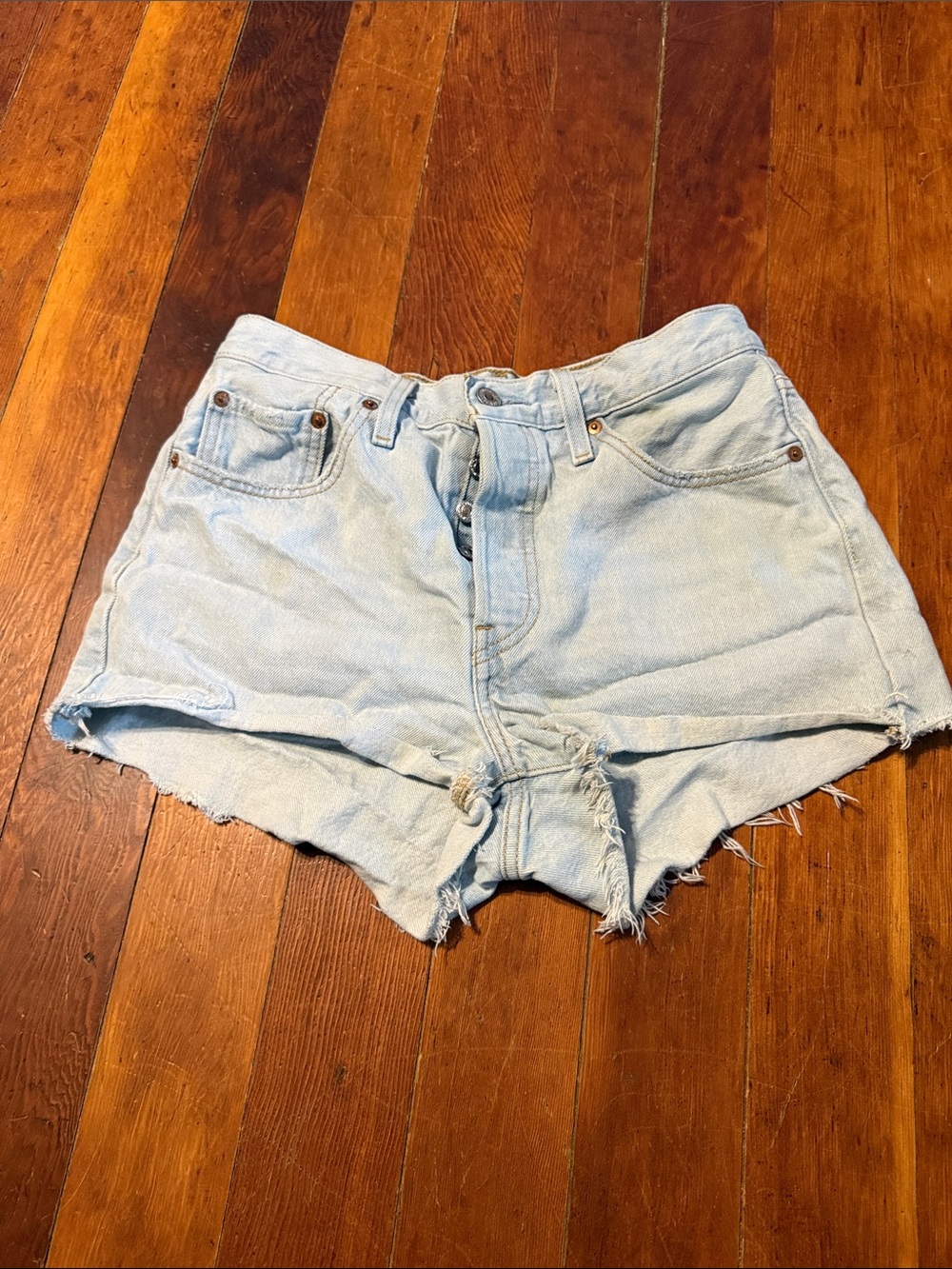 Levi's 501 Light Blue Distressed Denim Shorts